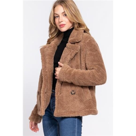 Women's Camel Faux Fur Sherpa Jacket/ Fuzzy Coat/ Teddy Coat With Pockets - Picture 2 of 5